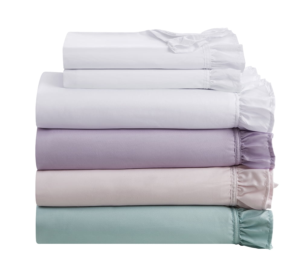 Simply Shabby Chic Solid Ruffle 4-Piece Soft Washed Microfiber Sheet Set, White, Queen