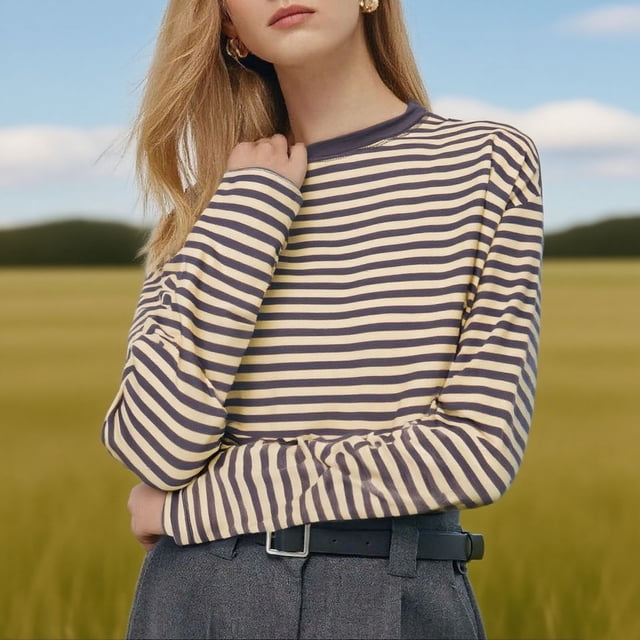 aidice Chemises pour Femmes Col Rond Manches Longues Ample Décontracté Confortable Rayé sous-Vêtements Chandail d'Automne