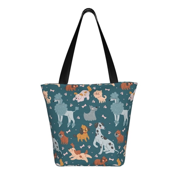 Uemuo Dogs Print Tote Bags for Women,Large Capacity Corduroy Bag,Reusable Grocery Shoulder Bag,Beach Tote with Zipper Closure, Daily Essentials
