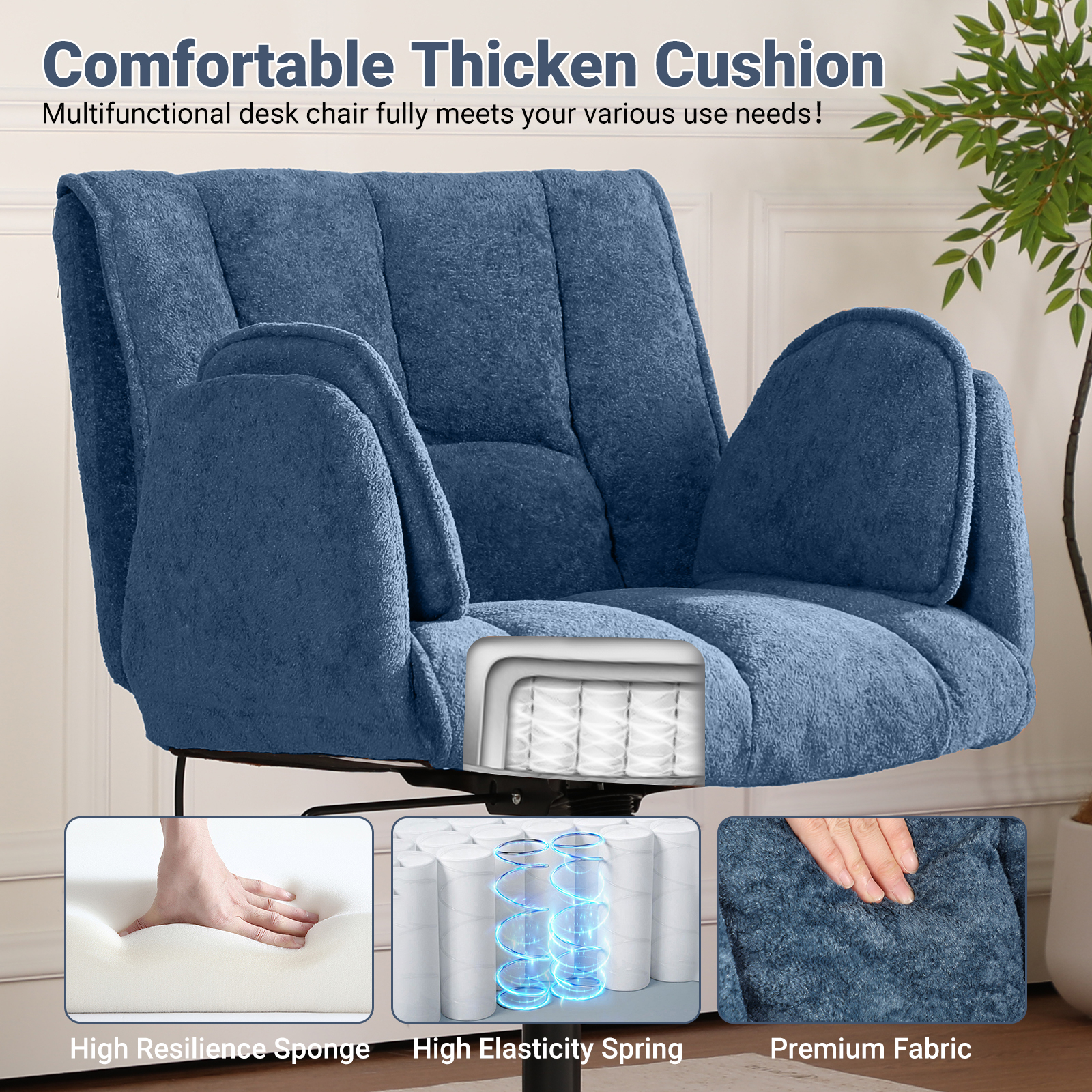 Criss Cross Office Chair with 6-Level Folding Arms and Wheels, Ergonomic Fabric Cross Legged Chair with Dynamic Lumbar Support, Plus Size Swivel Vanity Chair for Home Office, Living Room, Makeup