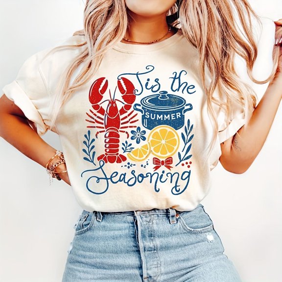 Retro Lobster Summer Seafood Boil Graphic T-Shirt - Funny Coastal Foodie Short Sleeve Top - Tis the Seasoning Beach Vacation Apparel
