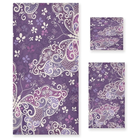 BZSMCE 3piece Bath Towel Sets Hand Bath Towels Fashion Purple Paisley Swirl Printed Towel Sets
