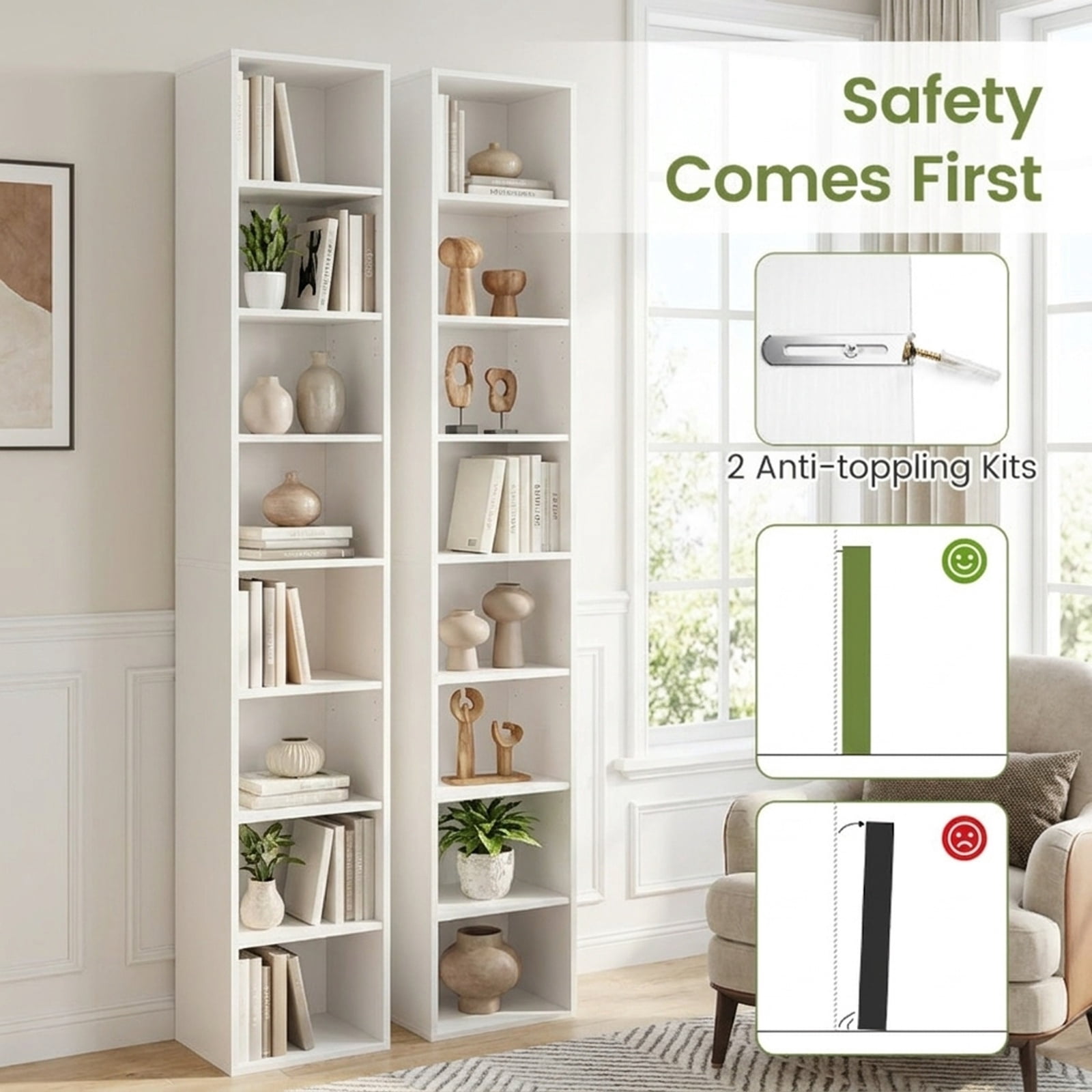 Furnibear 8-Tier Narrow Bookshelf with 4 Adjustable Shelves and Storage Cubes for Living Room Home Office Bedroom Display Storage Shelf, White