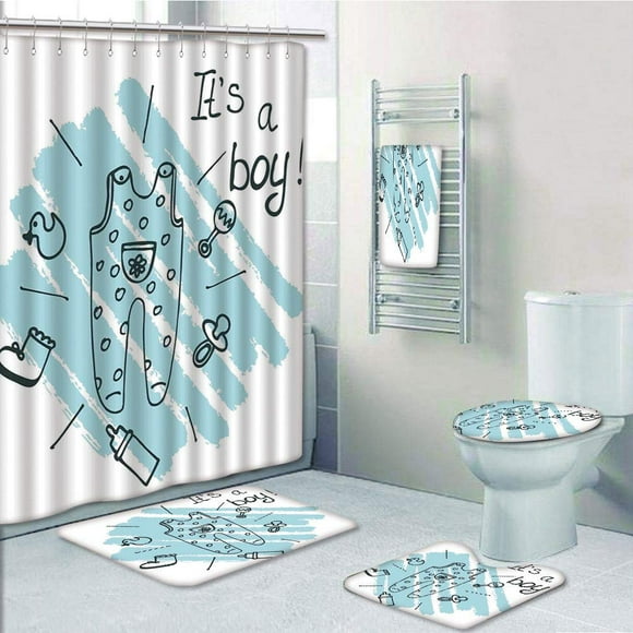 EREHome Gender Reveal Its Boy Quote Clothes Parenthood Baby Paintbrush 5 Piece Bathroom Set Shower Curtain Bath Towel Bath Rug Contour Mat and Toilet Lid Cover