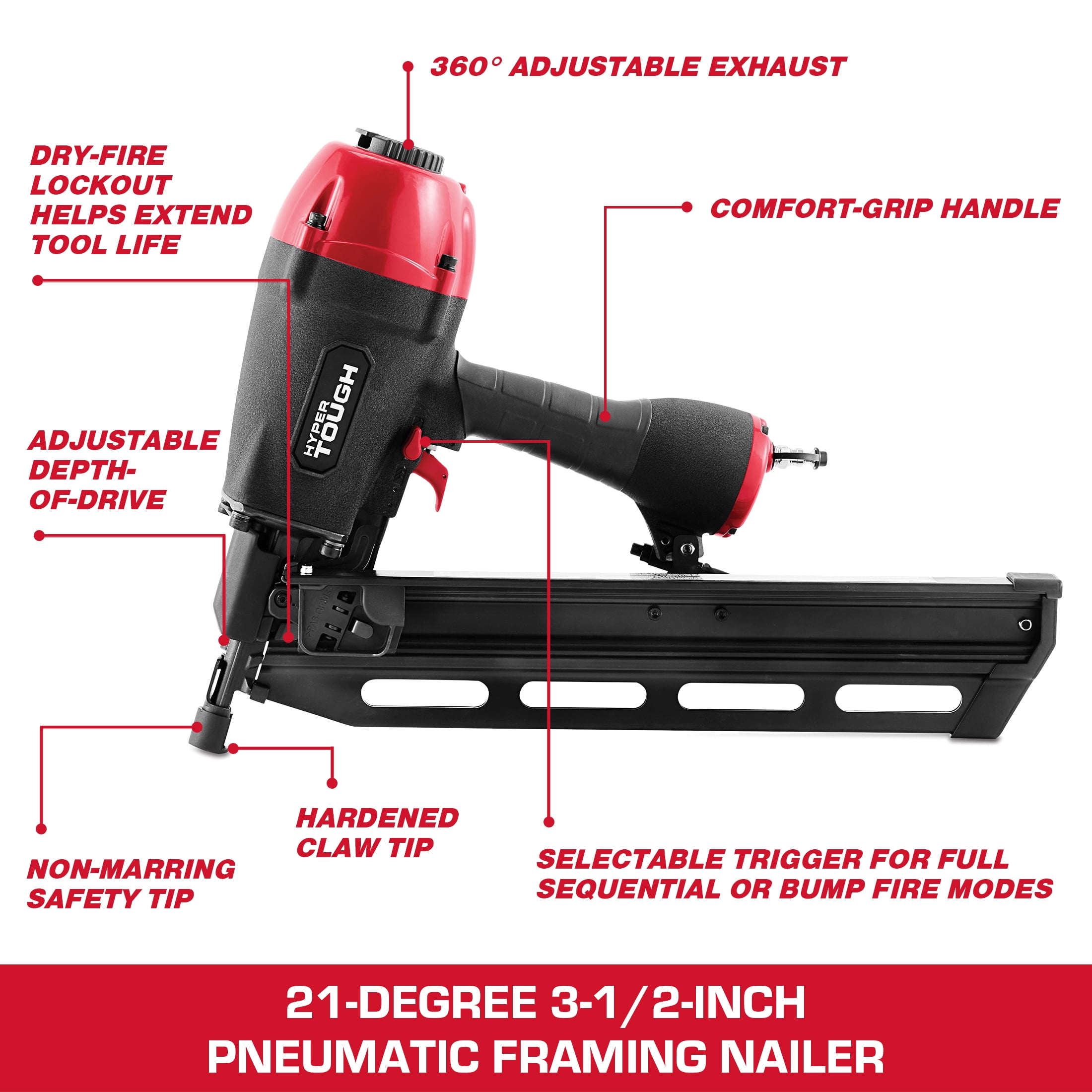 Hyper Tough 21-Degree Pneumatic Framing Nailer, Accepts 2-inch to 3-1/2-inch Plastic Collated Full Round Head Nails