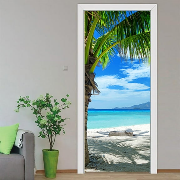 3D Door Sticker Wallpaper, Island scenery Murals Decals Peel and Stick, Removable Self-Adhesive Wall Mural Covers Decorative