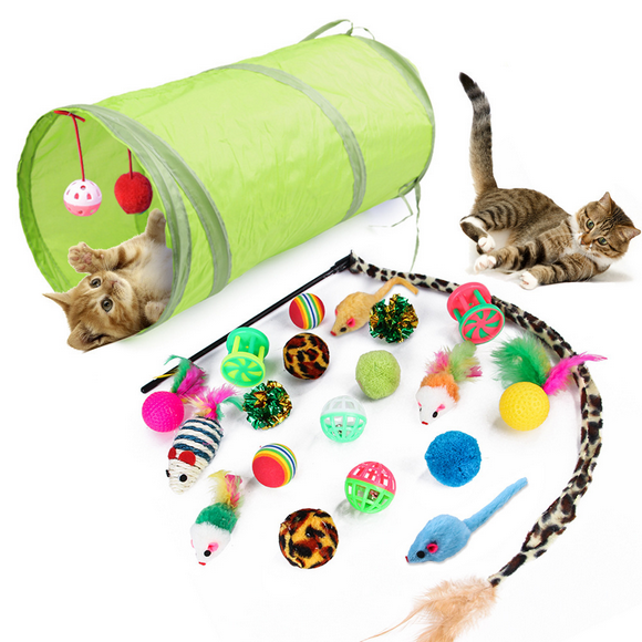 21 PCS Cat Kitten Toys Set, Collapsible Cat Tunnels for Indoor Cats, Interactive Cat Feather Toy Fluffy Mouse Crinkle Balls Toys