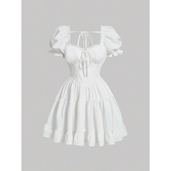 White Womens Elegant Solid Color Front Tie Ruffle Hem Dress With Puffed Sleeves