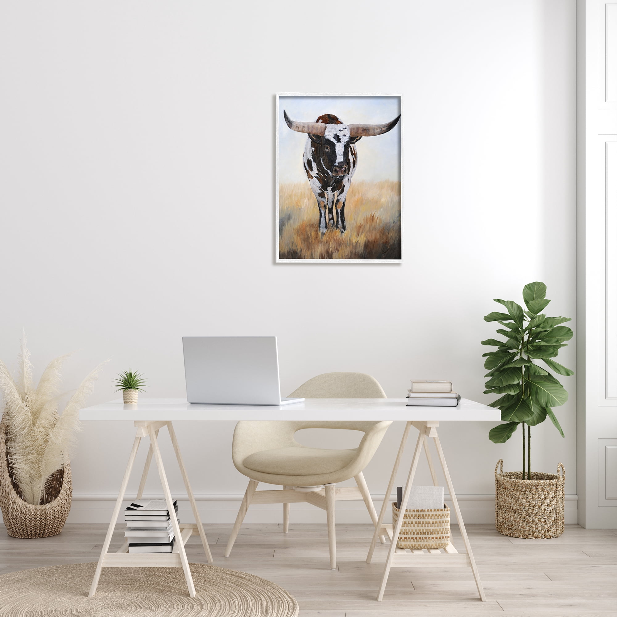 Stupell Spotted Longhorn Cattle Painting Animals & Insects Painting White Framed Art Print Wall Art