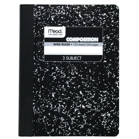 Mead Composition Notebook, 3 Subject, Black Marble, 9.75 x 7.5 Inches