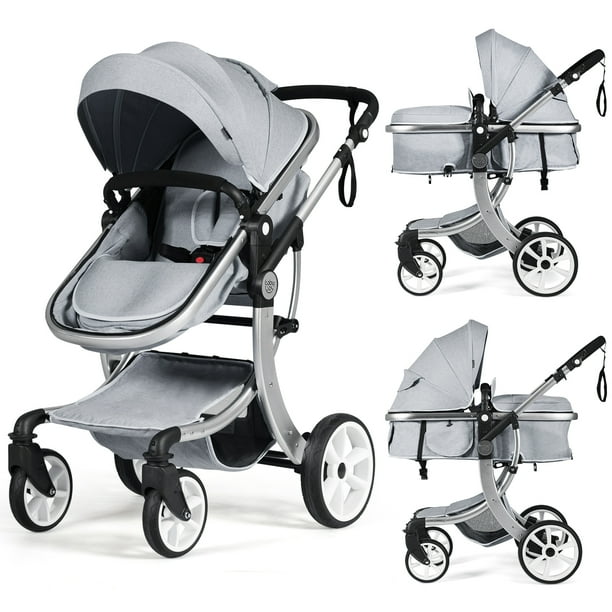 Cochecito Infantil 2 En 1 Alto Reclinable Con Moisés Reversible Silla De Paseo Plegable Con Dosel Ajustable Cubierta Para Pies Para Lluvia Y Red Funcional Marco De Aleación De Aluminio Costway