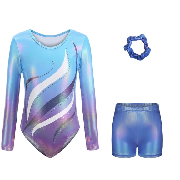 XUELUO Toddler Girls Gymnastics Leotard Set Shiny Gradient Crewneck Top With Shorts Scrunchie Practice Wear Dance Clothes