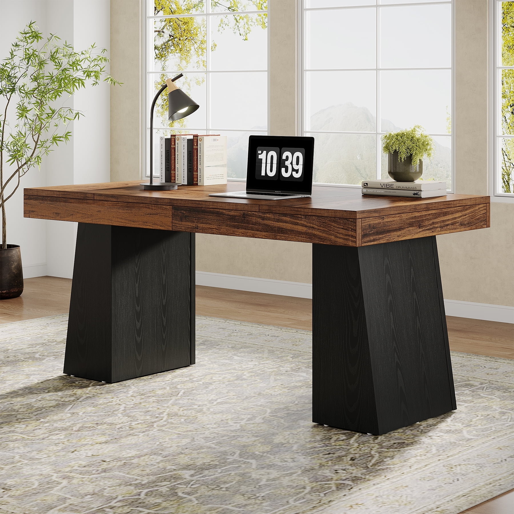 Fimind 55" Executive Desk, Mid-Century Modern Wood Office Desk, Black & Brown Computer Table Workstation, Home Office Writing Desk or Small Conference Table