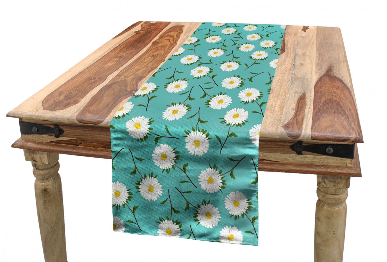 Floral Table Runner, Blooming Aster Flowers and Leaves on Branches