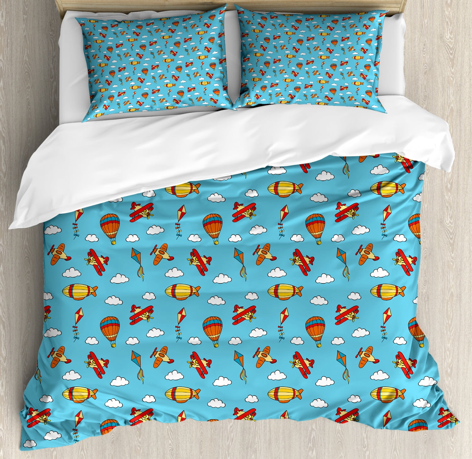 Airplane Queen Size Duvet Cover Set, Colorful Air Transportation