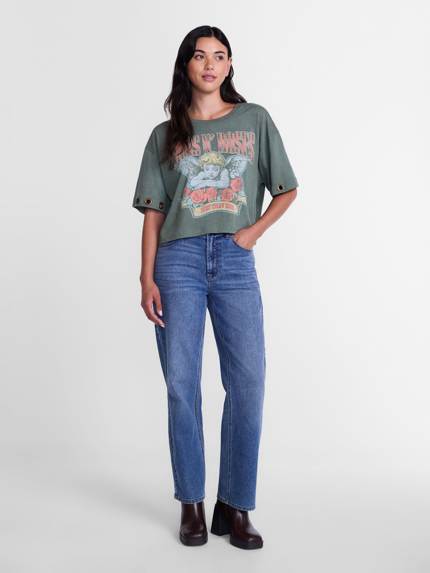 Guns N' Roses Women's Cropped Front Back Graphic Band Tee, Sizes XXS-4X