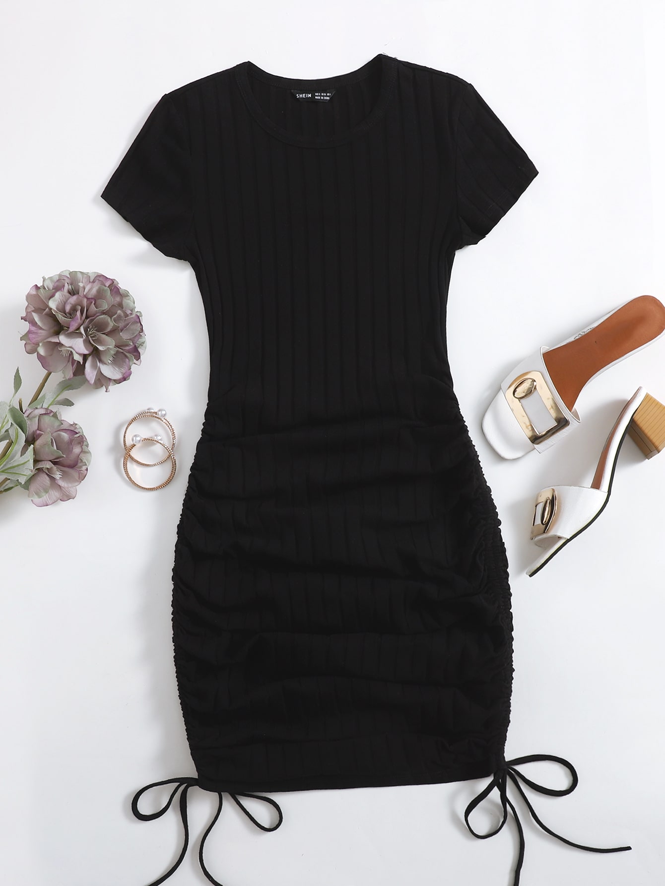 Drawstring side ribbed bodycon dress Clearance
