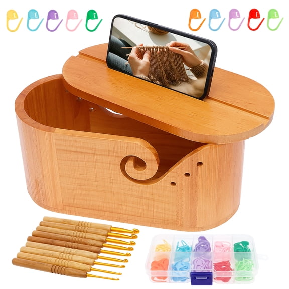 LINFANG Oval Yarn Bowl with Lid Wood Crochet Yarn Holder with Double Curved Slot 9 Crochet Hook and Stitch Marker for Knitting Lover 10.8 x 5.4 x 4.8 Inch
