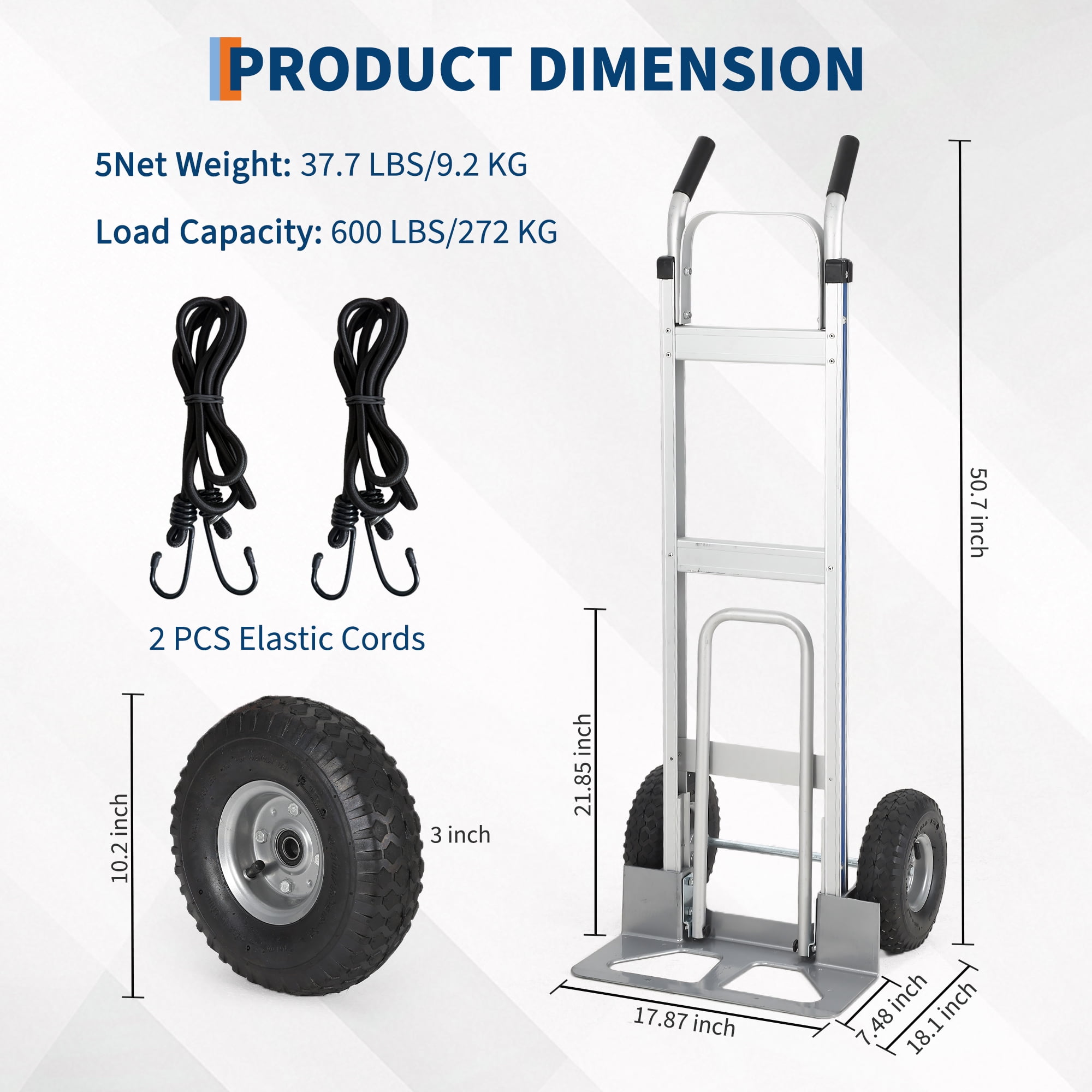 Heavy Duty Aluminum Hand Truck Dolly – 600 lbs Capacity – Collapsible Platform Cart with Extendable Base – 10" Pneumatic Wheels – Includes 2 Elastic Cords