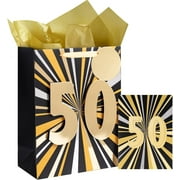13" Large Gift Bag with Greeting Card and Tissue Paper for 50 Years Birthday Party - Black Gold Foil Design