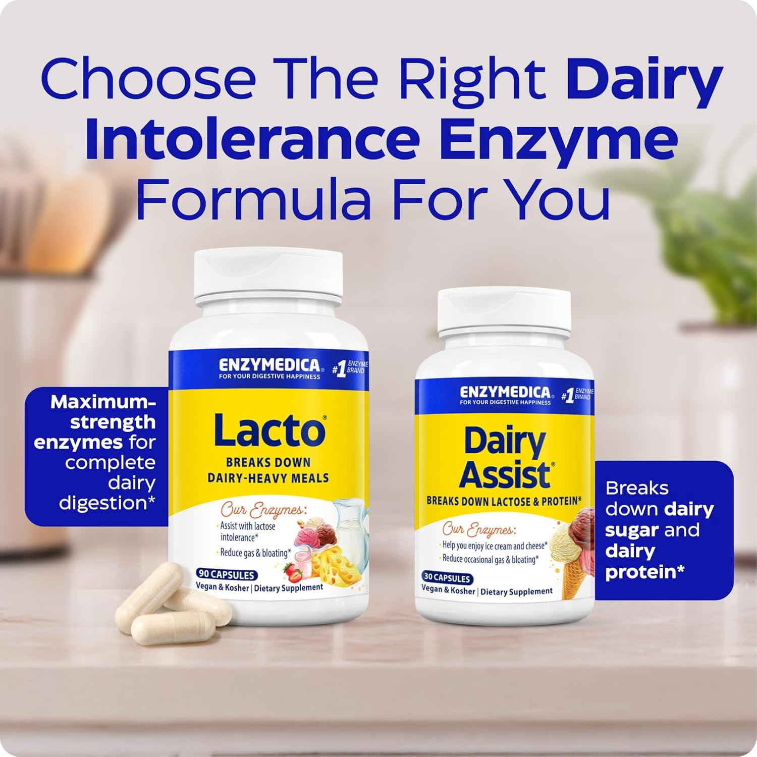 Enzymedica Lacto, Digestive Enzymes for Complete Dairy Digestion, Offers Fast-Acting Gas & Bloating Relief, Standard Packaging, 180 Count