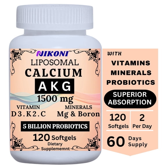 Nikoni Liposomal Calcium AKG Supplement with Vitamins D3, K2 and Magnesium Supports Bone and Joint Health 120 Softgels