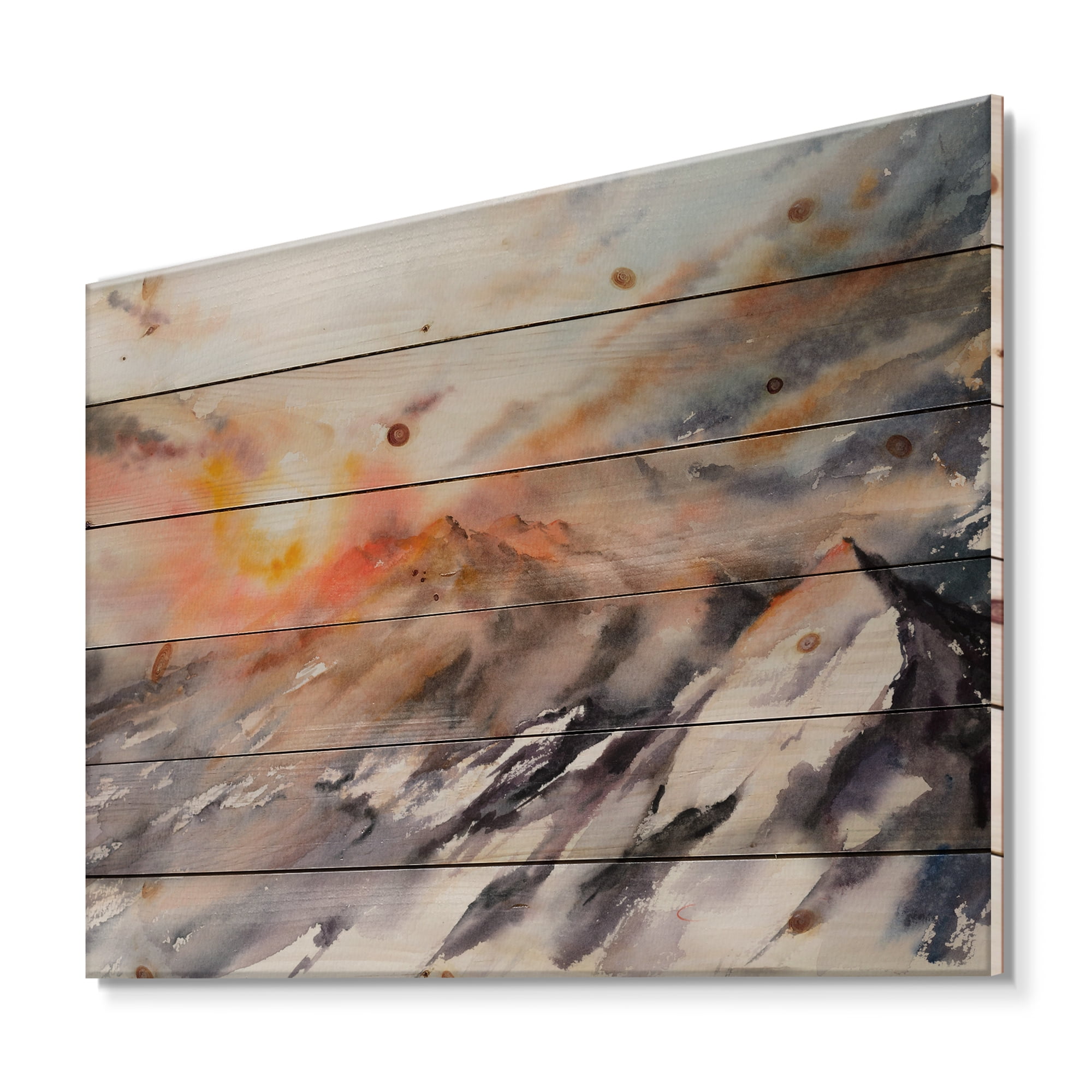 Designart 'Majestic Sunset Glow on The Mountains Landscape' Traditional Print on Natural Pine Wood