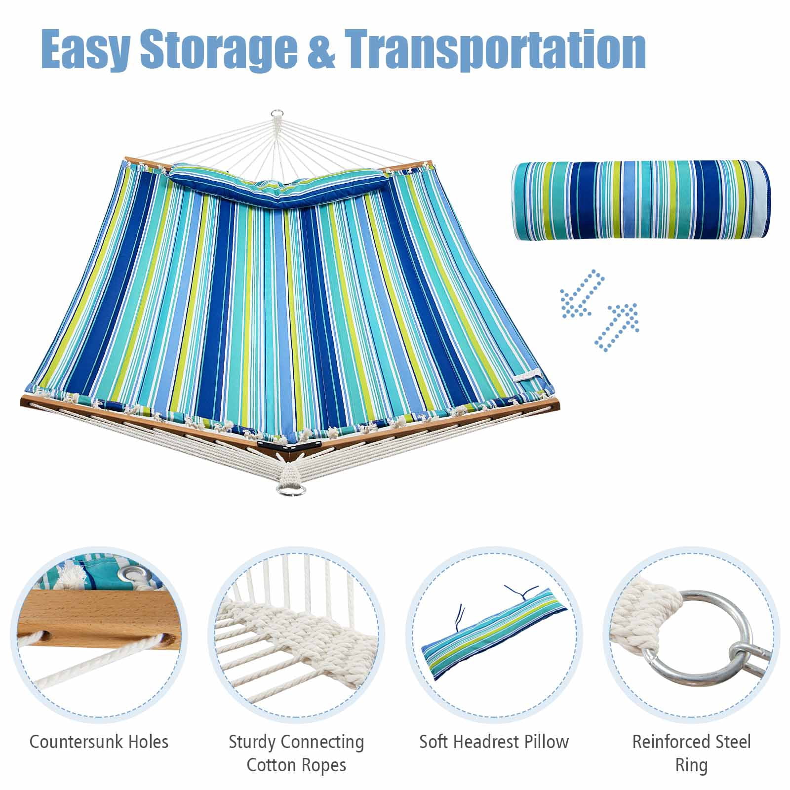 Patiojoy Portable Hammock W/ Spreader Bars & Detachable Pillow Quick Dry & Water Proof Material Hand Woven Cotton Rope Blue + Green