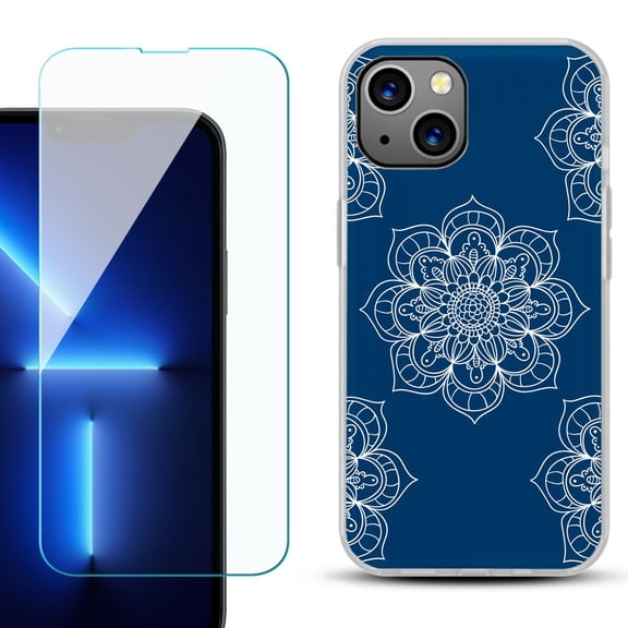 OneToughShield ® for iPhone 15 Fashion Phone Case, with Tempered Glass Screen Protector - Mandala / Blue
