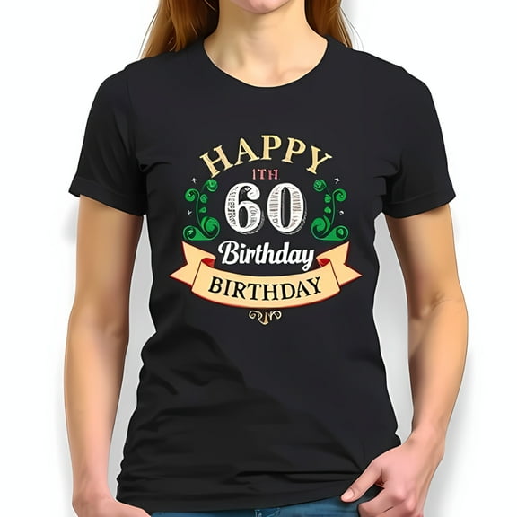 Vintage Inspired 60th Birthday T-Shirt for Women - Elegant Gold Green & Red Design on Black Cotton Crew Neck Tee