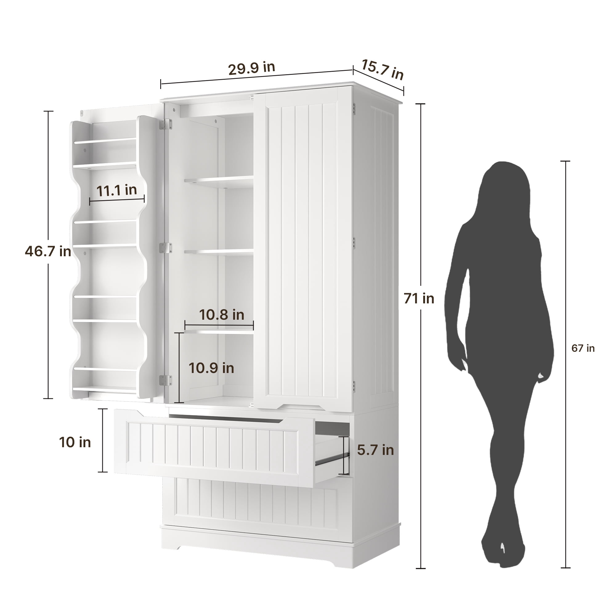 71" Tall Kitchen Pantry Cabinet with Drawers for Dining Room, Noelse Food Pantry Storage Cabinet with 8 Door Shelves for Snack and Spice, Large Craft Storage Cabinet for Craft Room, White, Painted