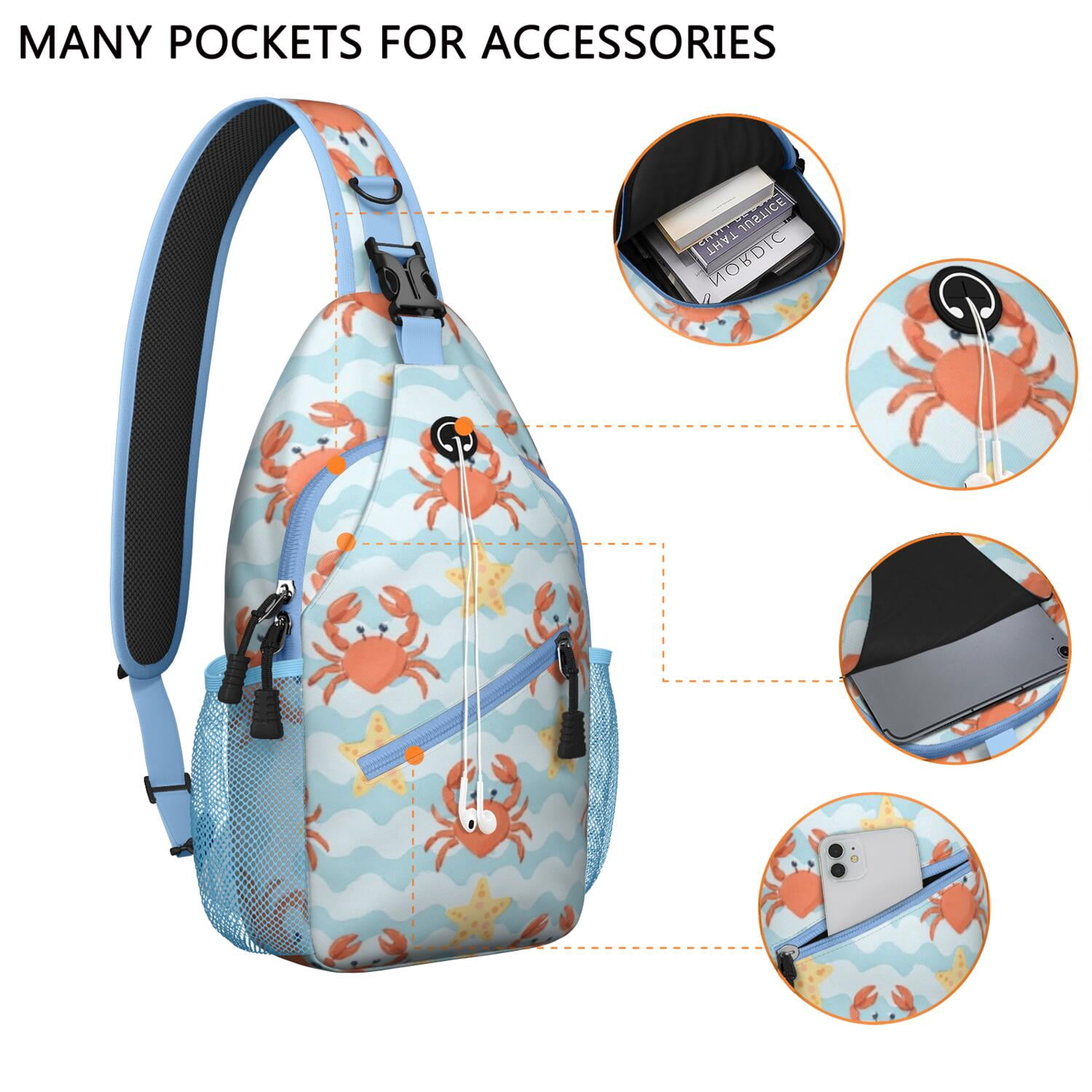 Sling Backpack Small BackpackCrossbody Sling Bag for Hiking Dating Gym Cycling Working Marine Adorable Crab