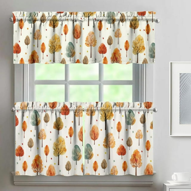 Fall Thanksgiving Kitchen Curtains 3 Piece Set,Farmhouse Style Maple Kitchen Decoration,Thanksgiving Autumn Curtains and Valances,Suitable for Living Room,Bedroom,Cafe Decor,24In