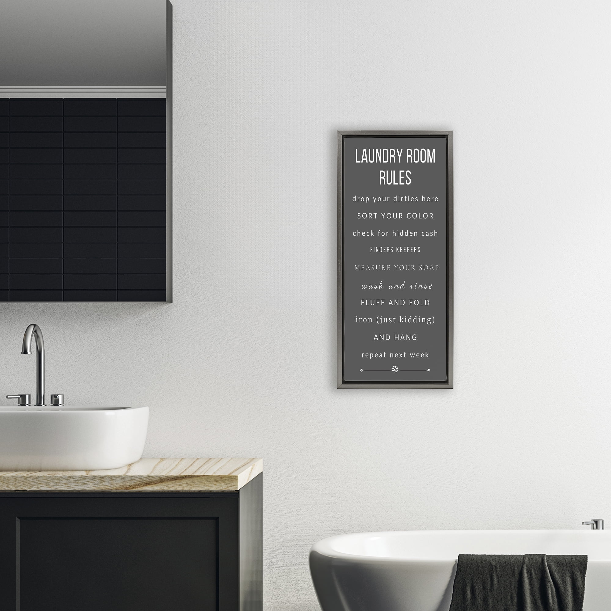 Grey Rules of Laundry Room Gray Framed Floater Canvas Wall Art, design by Julia Frost