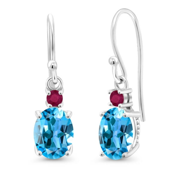 Gem Stone King 10K White Gold Swiss Blue Topaz and Red Ruby Dangle Earrings for Women (2.84 Cttw, Gemstone Birthstone, Oval 8x6mm)