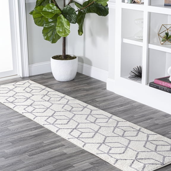 JONATHAN Y SUPERSOFT 2 x 8 Runner Rug, Tumbling Blocks Modern Geometric - White/Gray, SEU101K-28