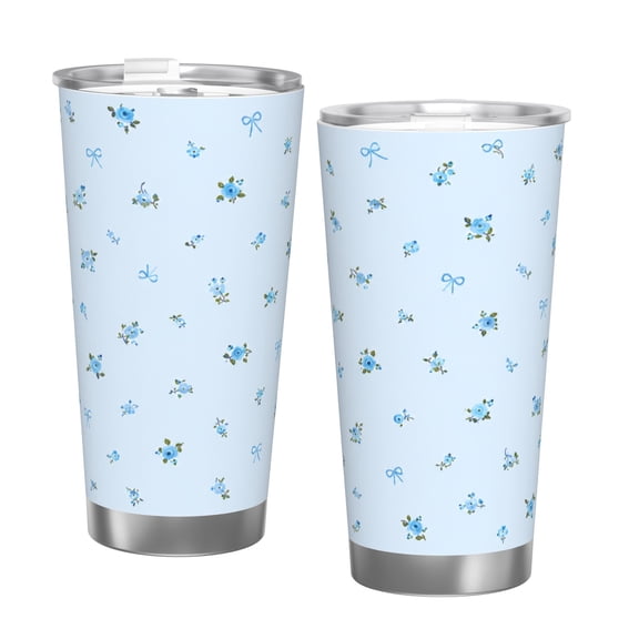 20oz Blue Floral Bow Insulated Tumbler with Handle and Straw Cute Watercolor Travel Coffee Cup Gift with Single Silver Rim