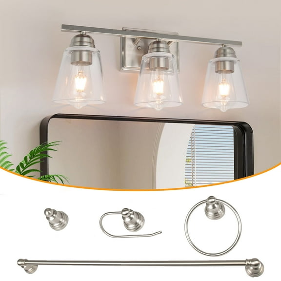 Hlite 3-Light Vanity Light, Modern Clear Glass Shades Bathroom Mirror Lights with 4-Piece All-in-One Bath Set Decor,Brushed Nickel(Bulb Not Included)