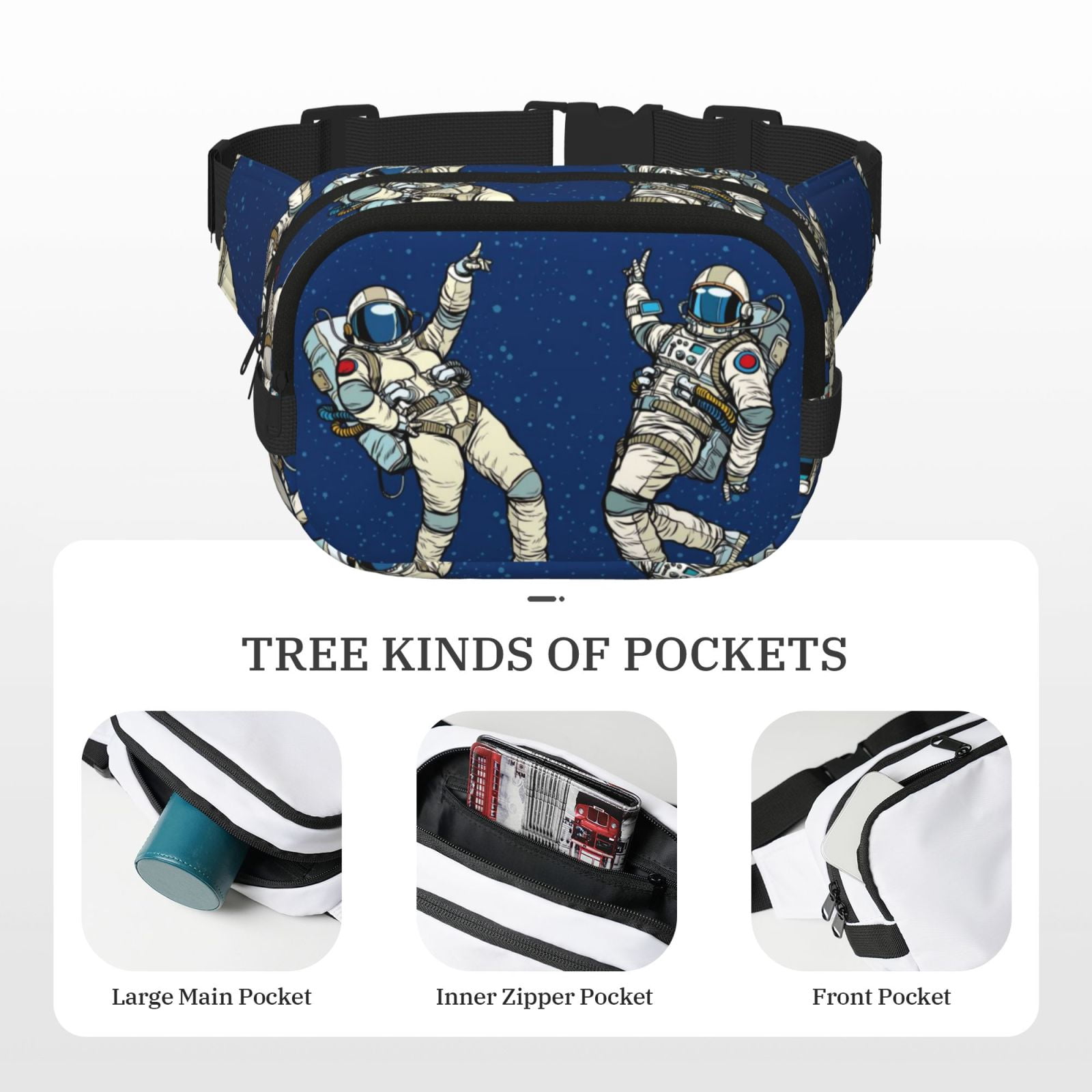 Picia Disco party Astronaut Dancing Print Square Double-Layer Waist Bag Mini Adjustable Waist Belt Bag Exercise Running Travel Hiking