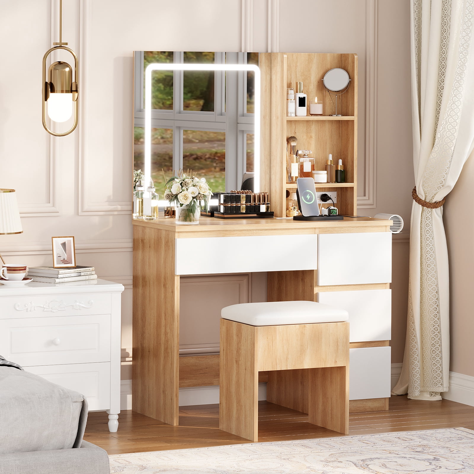 M optimized Vanity Desk with Mirror and Lights - Modern Makeup Dressing Table with Outlets, Storage Stool, 4 Drawers & Hair Dryer Holder - 3 Colors LED Vanity Mirror, Vanities for Bedroom