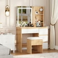 thumbnail image 3 of Modern Vanity Desk with Mirror and Lights, Makeup Dressing Table with 3-Color LED Vanity Mirror, Built-In Outlets, Storage Stool, 4 Drawers, and Hair Dryer Holder, Stylish Vanities for Bedroom, 3 of 9
