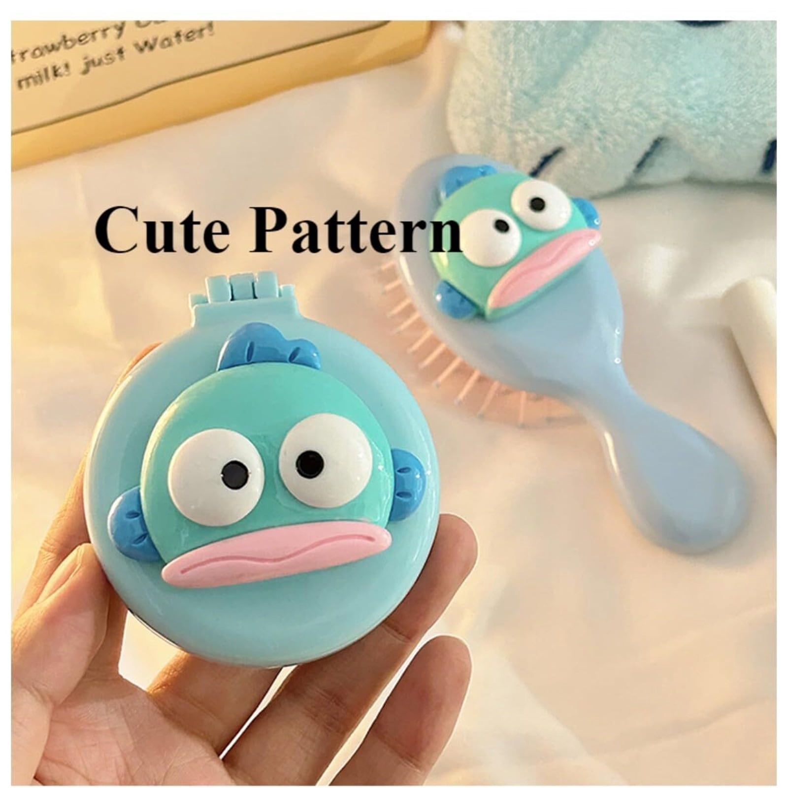 Candy Color Cute Cartoon Air Cushion Comb Set for Adults & Kids Hair - Detangler Brush for Natural, Curly, Straight, Wet or Dry Hair, Foldable Mirror Included (Blue (Fold + Hand))