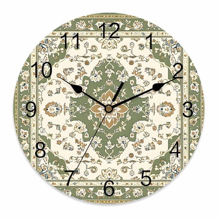 Wall Clock 12 Inch Boho Vintage Round Silent Decorative Wall Clocks Battery Operated for Living Room Bedroom Kitchen Classroom Decor, Ethnic Tribal Floral Pattern Green Beige,Large