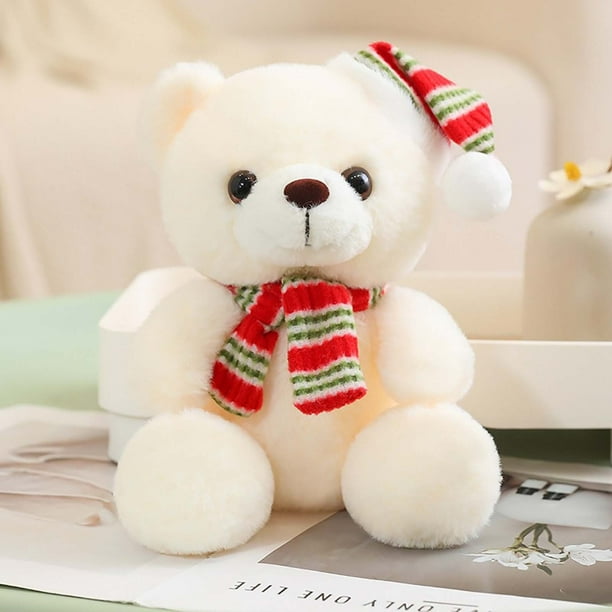 Fiudx Oso de Peluche Navideño de Rayas Verdes y Blancas con Gorro de Papá Noel, Tela Suave y Acogedora, Adorable Decoración, Regalo Navideño, Versátil para La Hora de Dormir y Fiestas, Tamaño 20 X 25