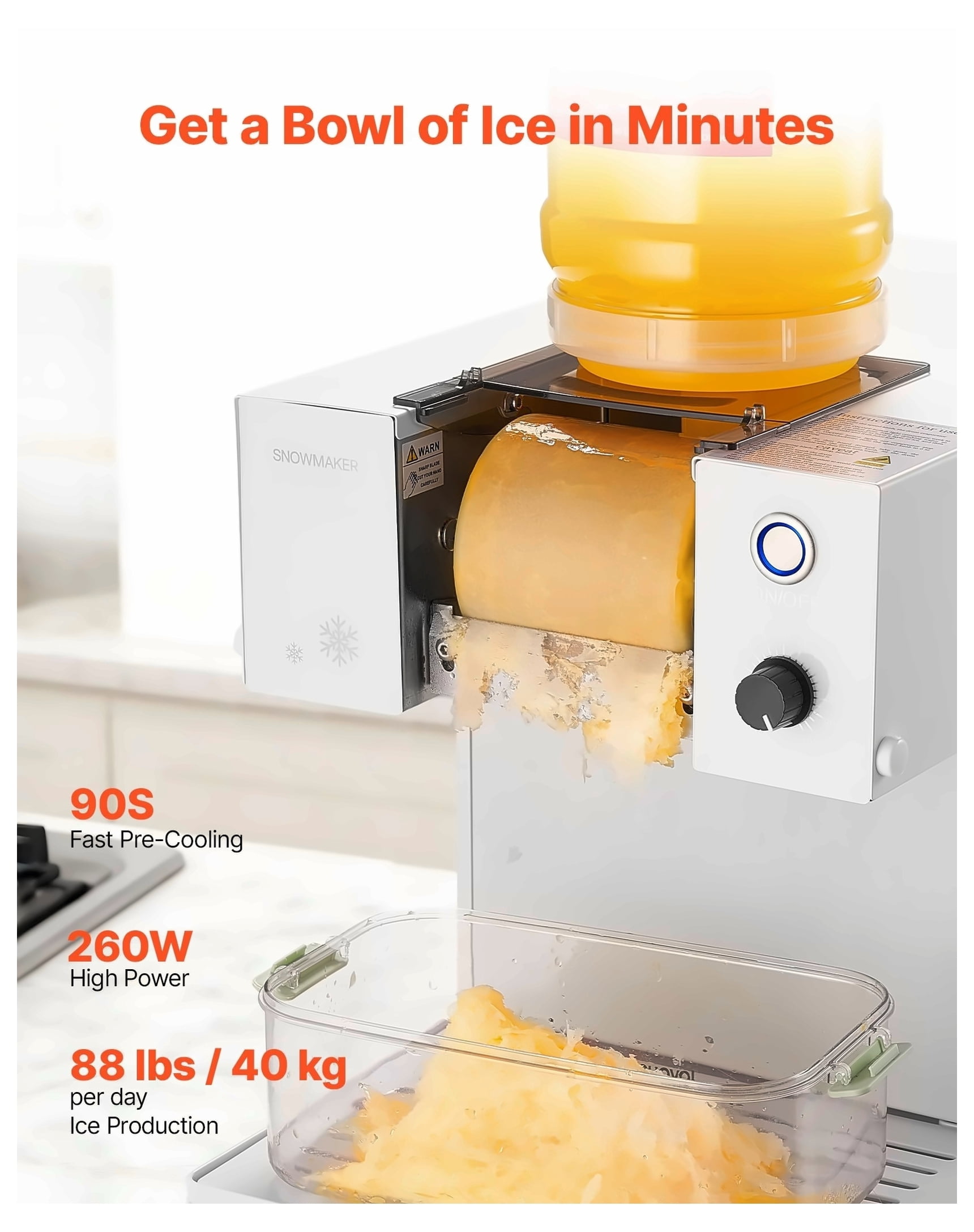 Snowflake Ice Machine 88LBS/24H, Electric Snow Cone Maker, Stainless Steel Blade, 0.48 Gal Tank, 90S Pre-Cooling, Adjustable Speed for Home & Parties