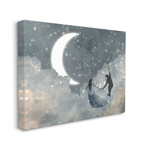 The Stupell Home Decor Collection Grey and Blue Celestial Love Sky Swinging by the Crescent Moon and Stars XXL Stretched Canvas Wall Art, 30 x 1.5 x 40