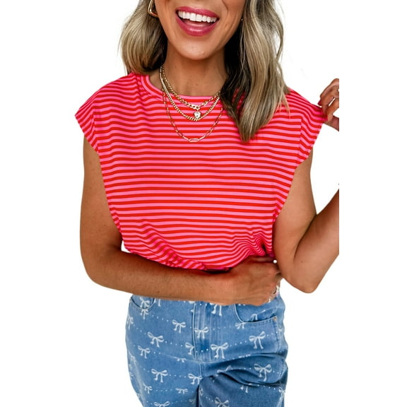 Women's Red Stripe Ribbed Cap Sleeve Round Neck T-Shirt - Casual & Comfortable | [ZhiHiMeRi] | (US 12-14)L