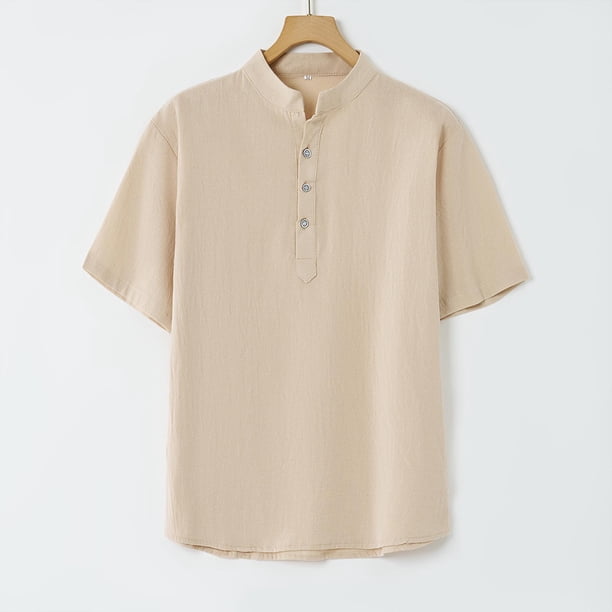 Ceisia Men's Shirt | Loose Stand Collar Short Sleeve Cotton-Linen Shirt | Breathable Textured Wrinkle (Multiple Solid Colors) Gift