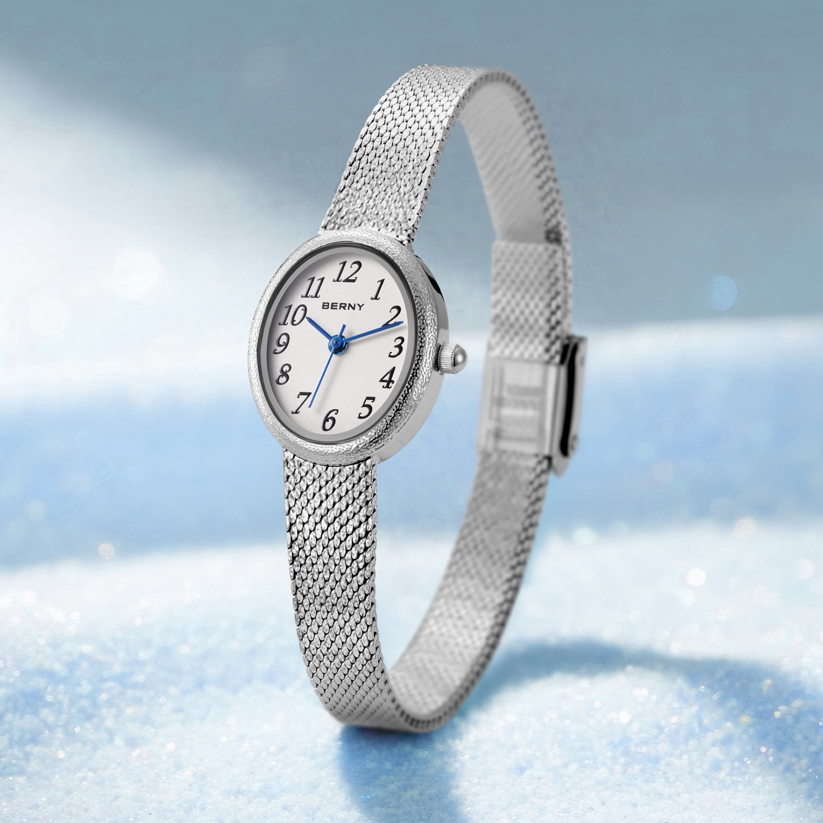 BERNY Small Silver Watches for Women, Dainty Easy to Read Oval Dial, Vintage Stainless Steel Bracelet Watch, Adjustable Mesh Band, Waterproof, Luxury Ladies Analog Quartz Wrist Watch Gifts (White)