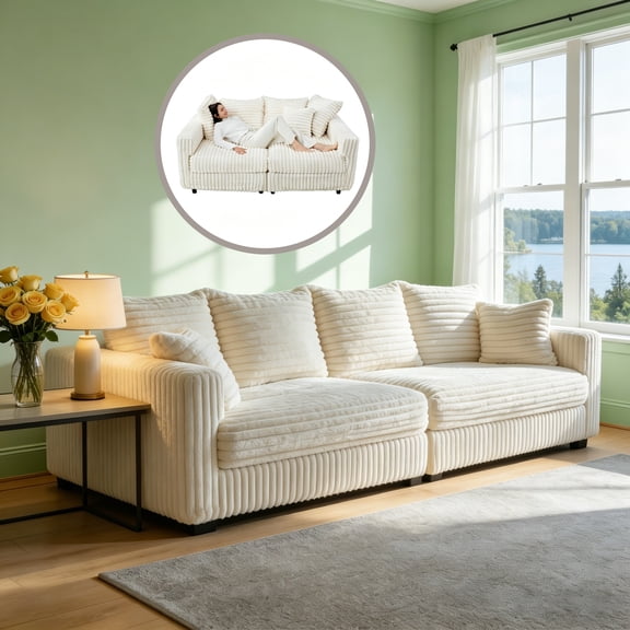 BSHTI 104.3" Plush Corduroy 4-Seat Cloud Sofa – Convertible Deep Seat Couch with Soft Pillows, High-Density Foam, Removable Covers, Easy Assembly – for Living Room, Apartment, Office,Beige